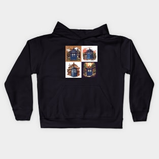 Illustration of four blue tardis in Japan on sunset Kids Hoodie